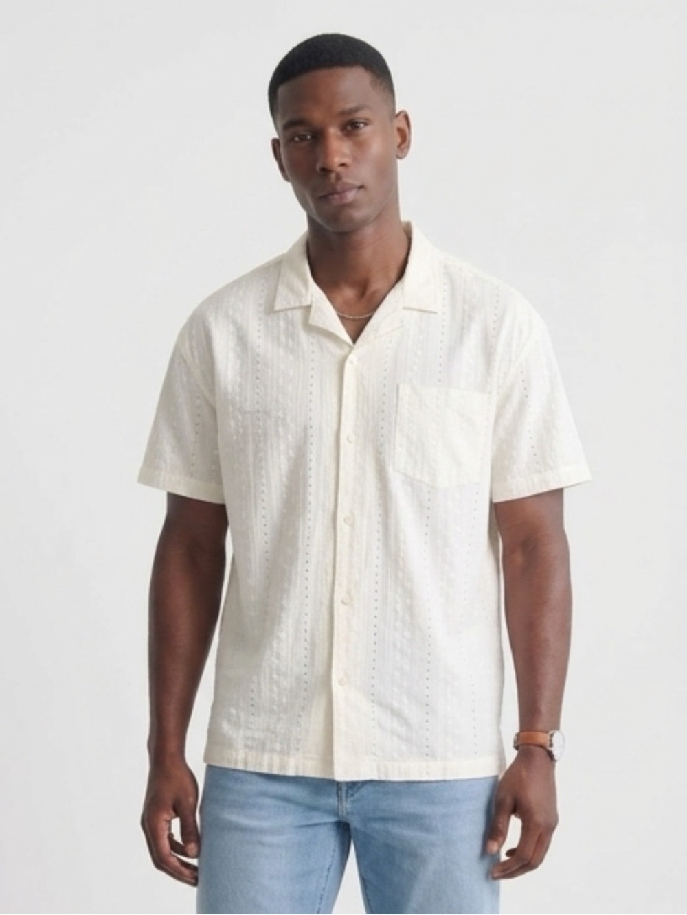 Goodfellow & Co White Short-Sleeve Eyelet Button-Down Shirt